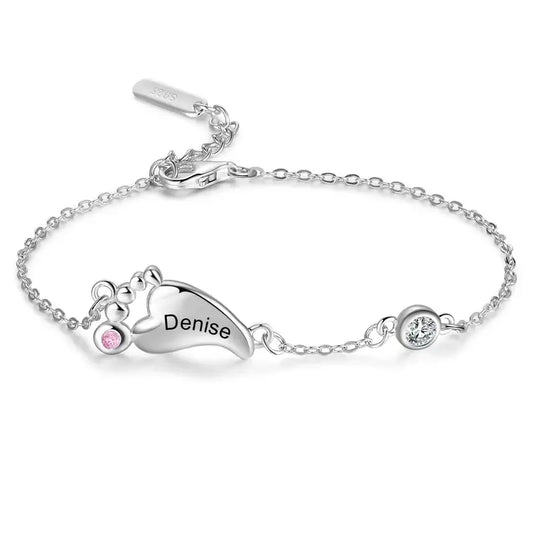 Sterling Silver Baby Feet Custom Birthstone Bracelet with Children's Names