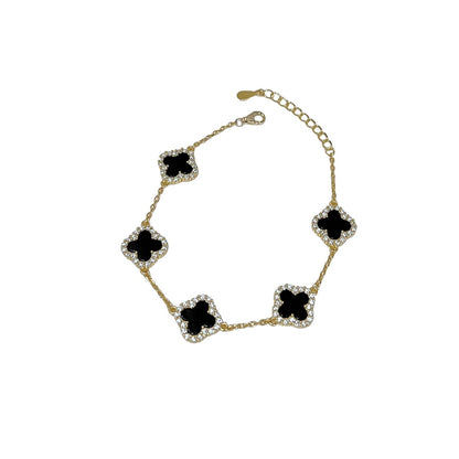 Sterling Silver Diamond Black Onyx Clover Bracelet