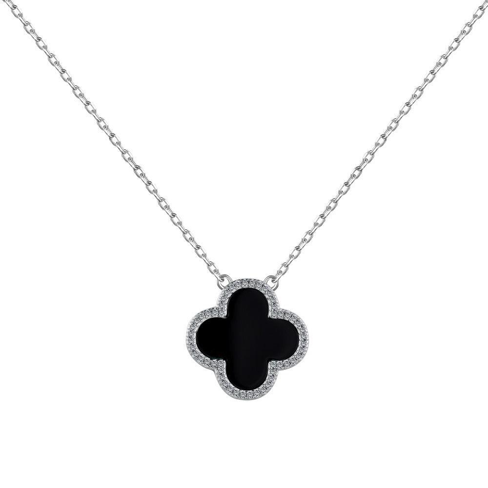 Sterling Silver Diamond Black Onyx Clover Necklace