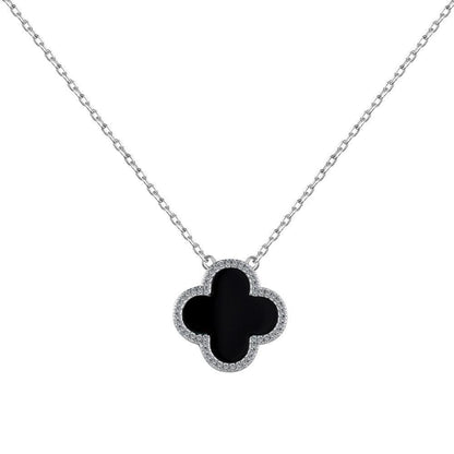 Sterling Silver Diamond Black Onyx Clover Necklace