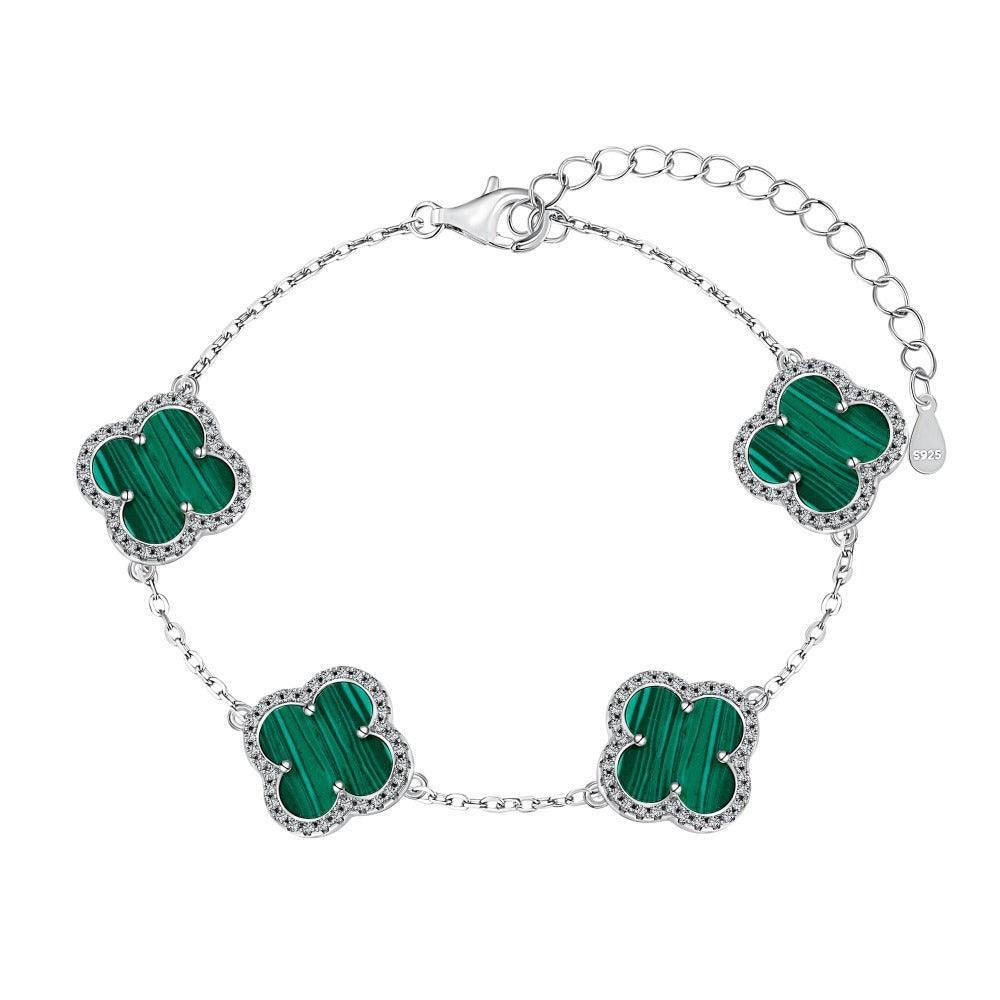 Sterling Silver Diamond Green Malachite Clover Bracelet