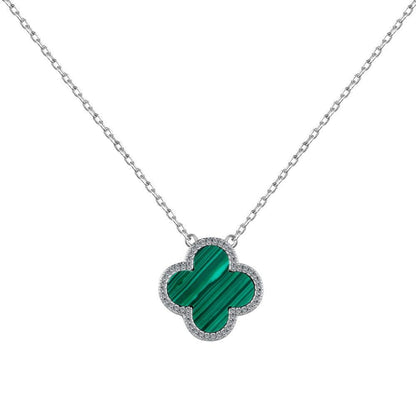 Sterling Silver Diamond Green Malachite Clover Necklace