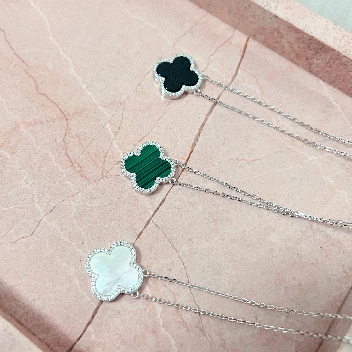 Sterling Silver Diamond Mother Of Peal Clover Necklace