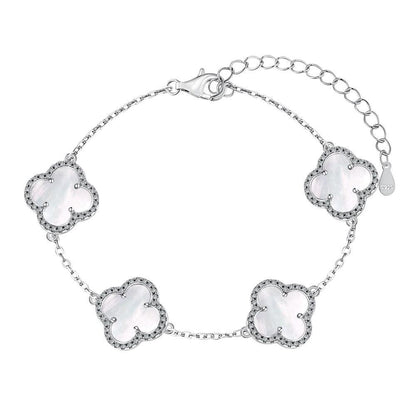 Sterling Silver Diamond Mother Or Pearl Clover Bracelet