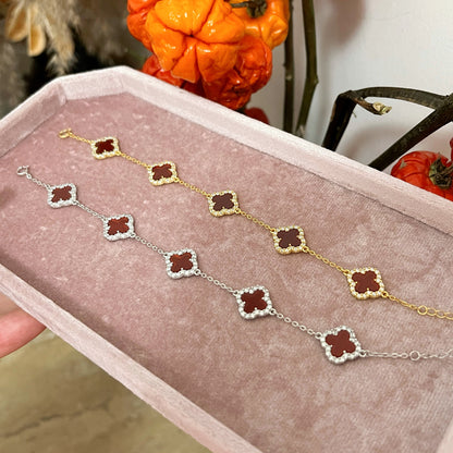 Sterling Silver Diamond Red Carnelian Clover Bracelet