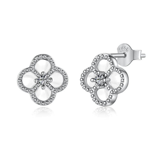 STERLING SILVER WHITE MOTHER OF PEARL CLOVER EARRINGS