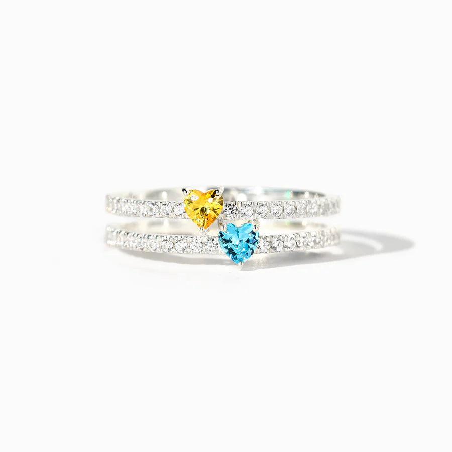 TWO HEART-SHAPE BIRTHSTONE DOUBLE BAND RING