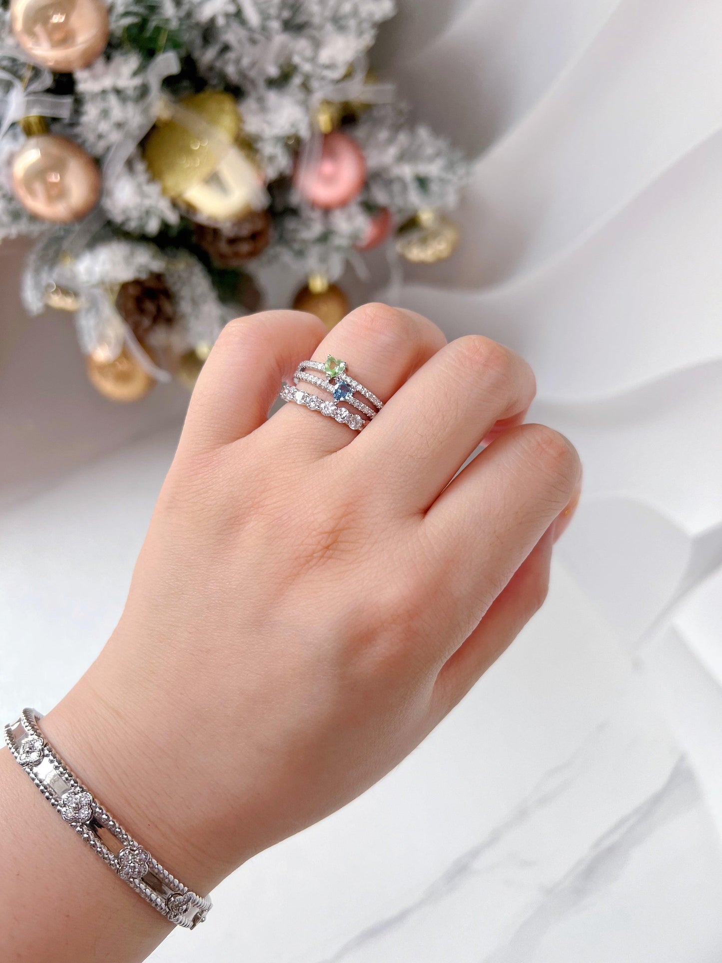 TWO HEART-SHAPE BIRTHSTONE DOUBLE BAND RING